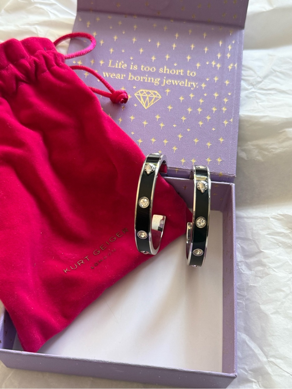 Kurt Geiger Black Enamel Hoop Earrings with Crystal Studs